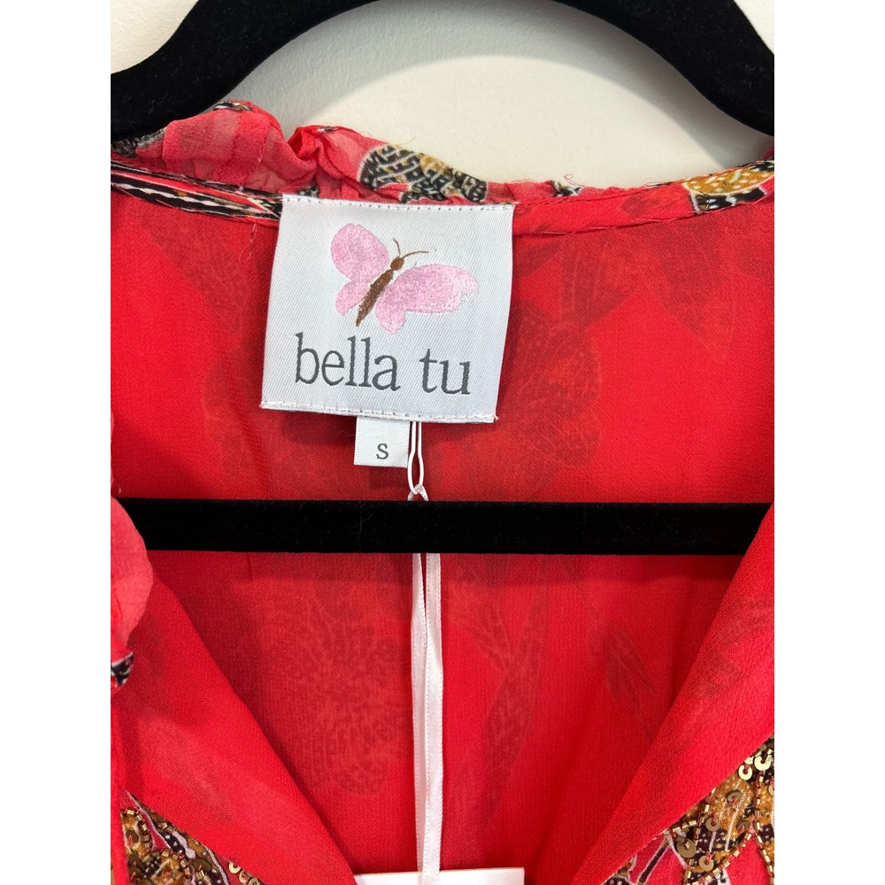 Bella Tu NWT Red Floral Embellished Silk Feel Boho Tunic Blouse Size S - Picture 3 of 7